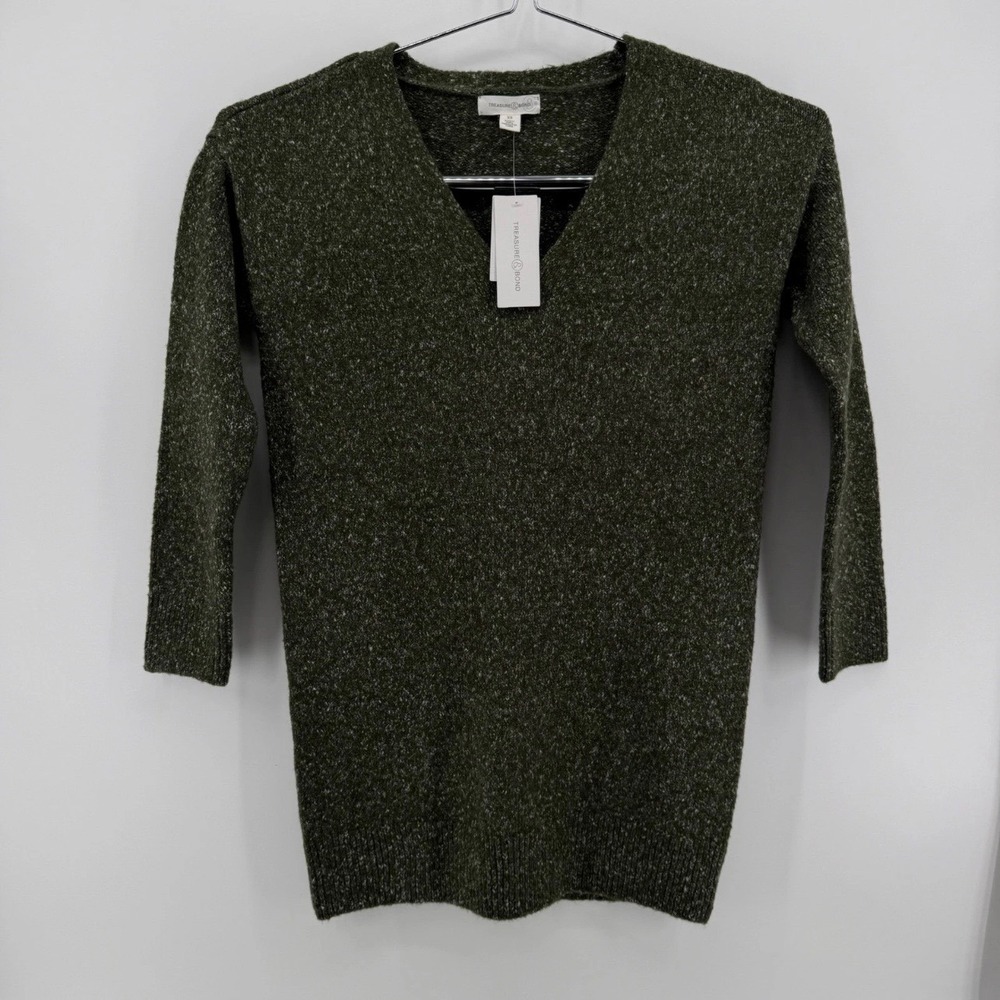 Treasure & Bond V-Neck Sweater Womens XS Marled Knit Acrylic Olive Green Solid